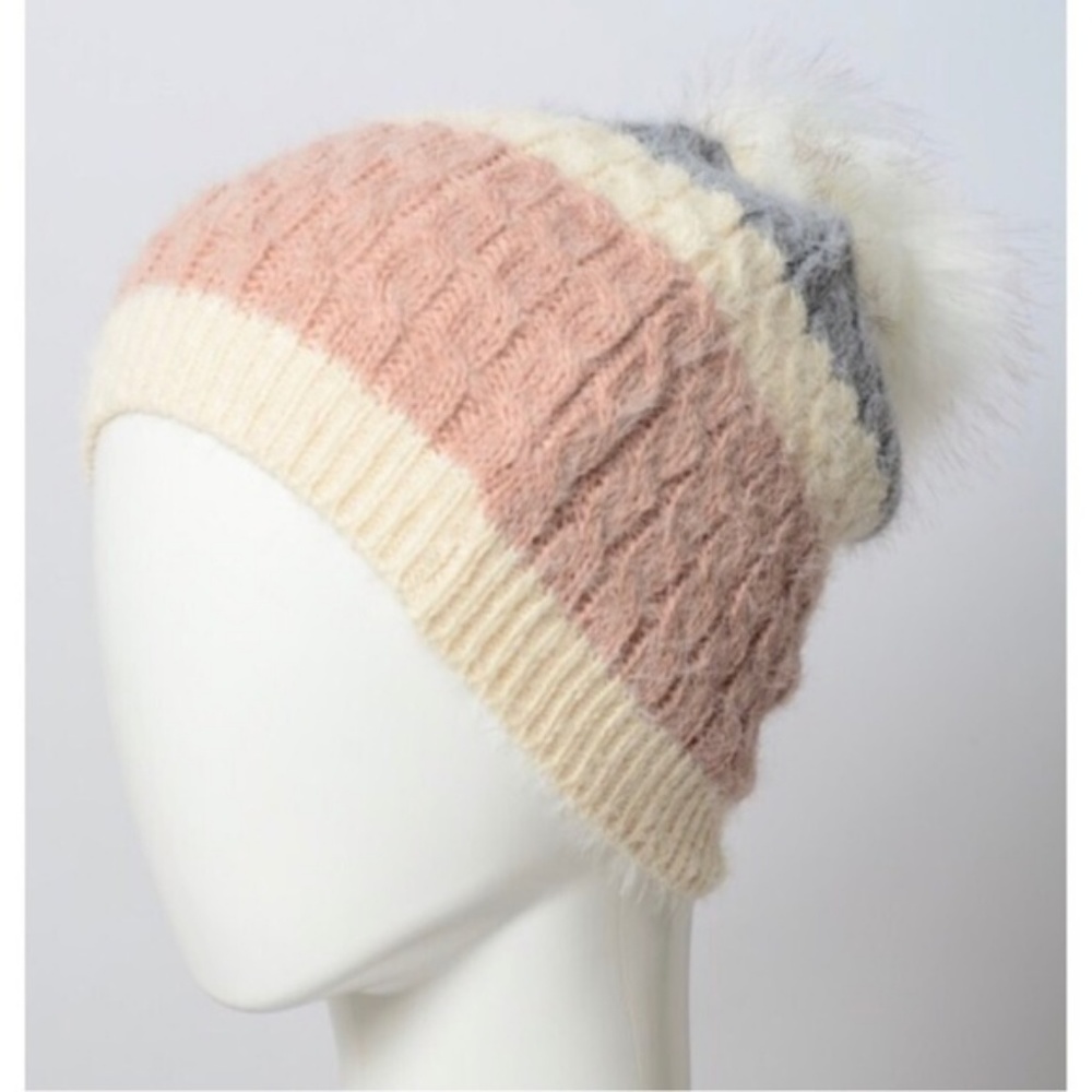 👀LAST 1! Pink Gray Stripe Beanie Hat - Picture 3 of 3